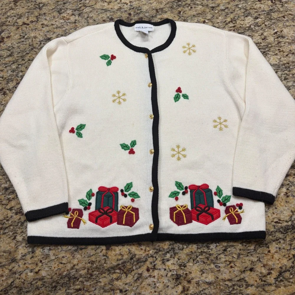 Croft & Barrow Womens XL Christmas Cardigan Sweater Cream Embroidered Holiday